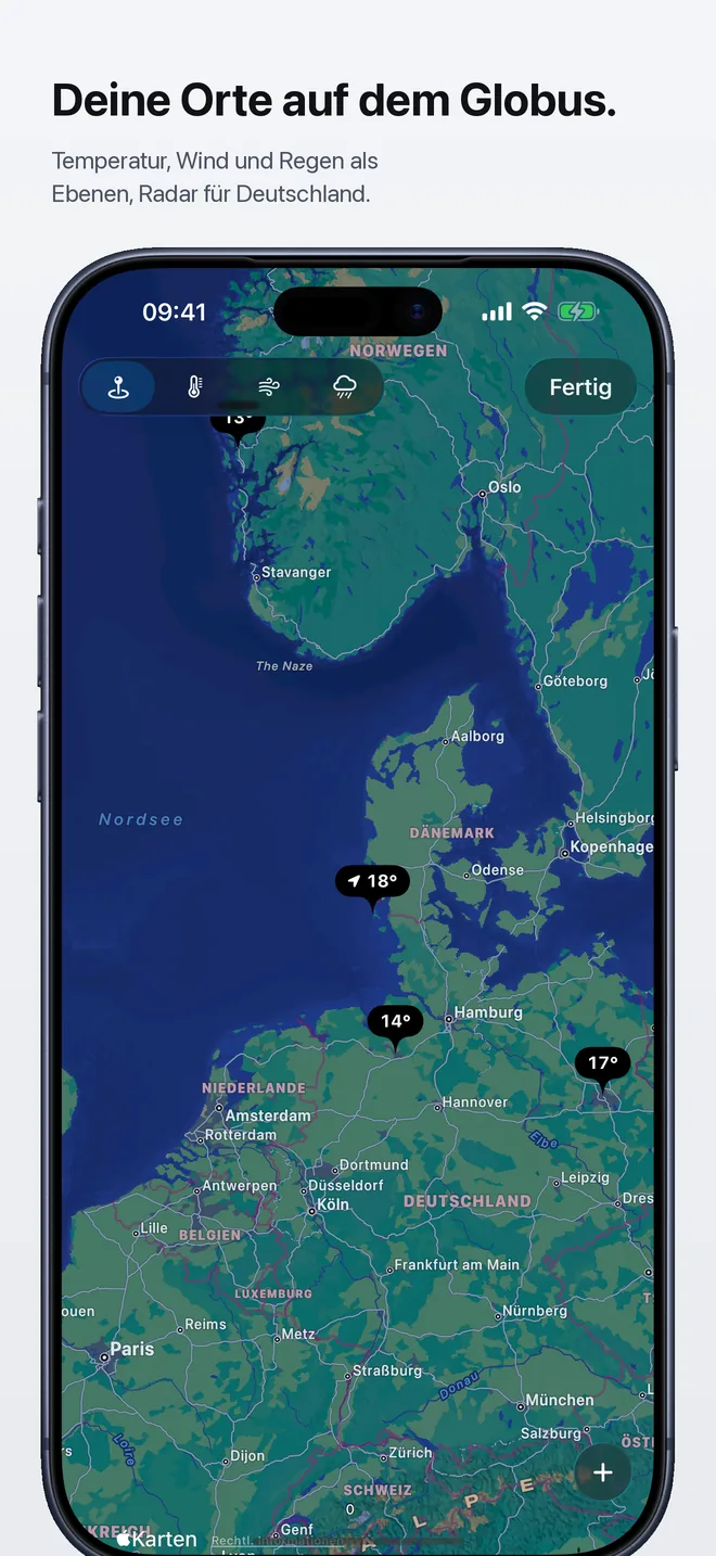 Deine Orte auf dem Globus – Temperatur, Wind und Regen als Ebenen, Radar für Deutschland