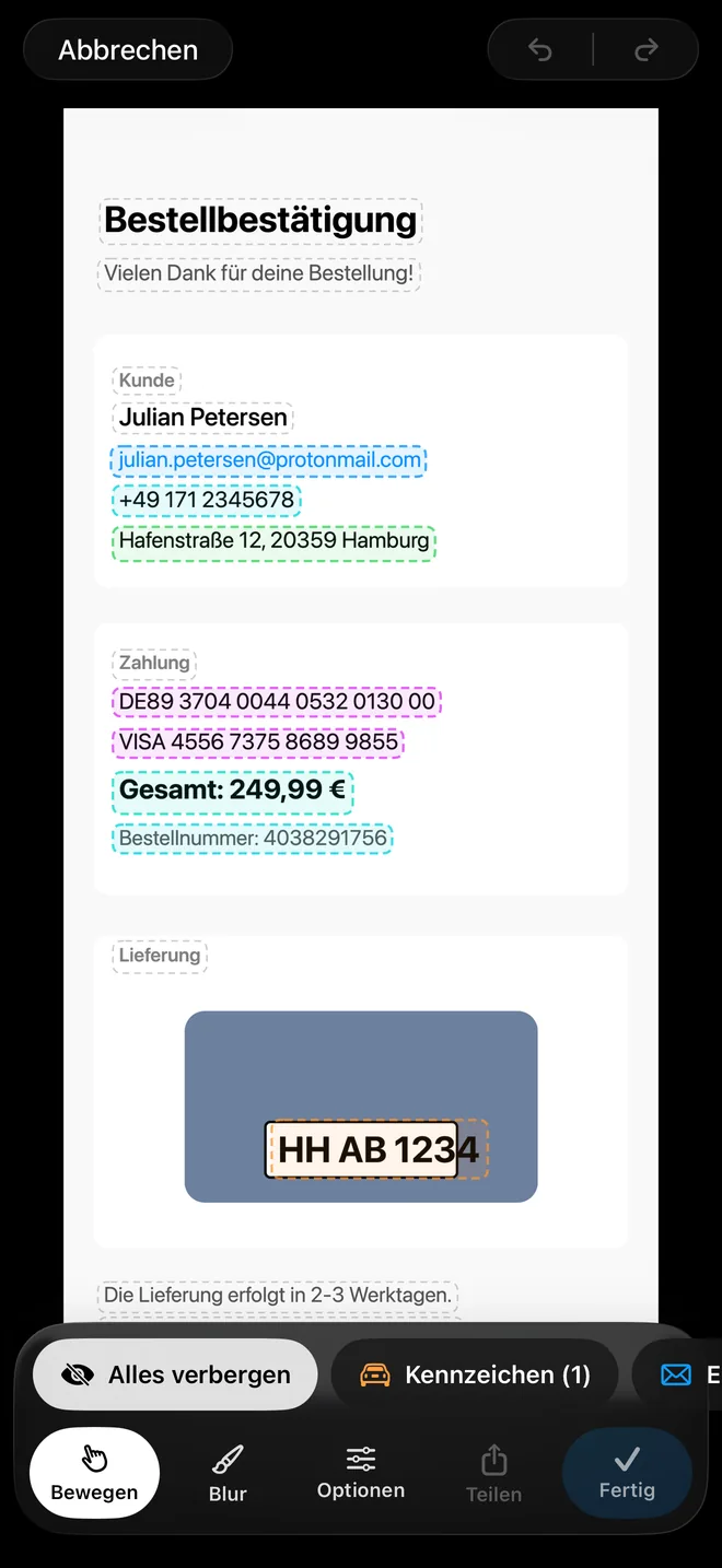 Automatische Erkennung: in einer Bestellbestätigung sind E-Mail, Telefon, Adresse, IBAN, Kartennummer und Kennzeichen farbig umrandet