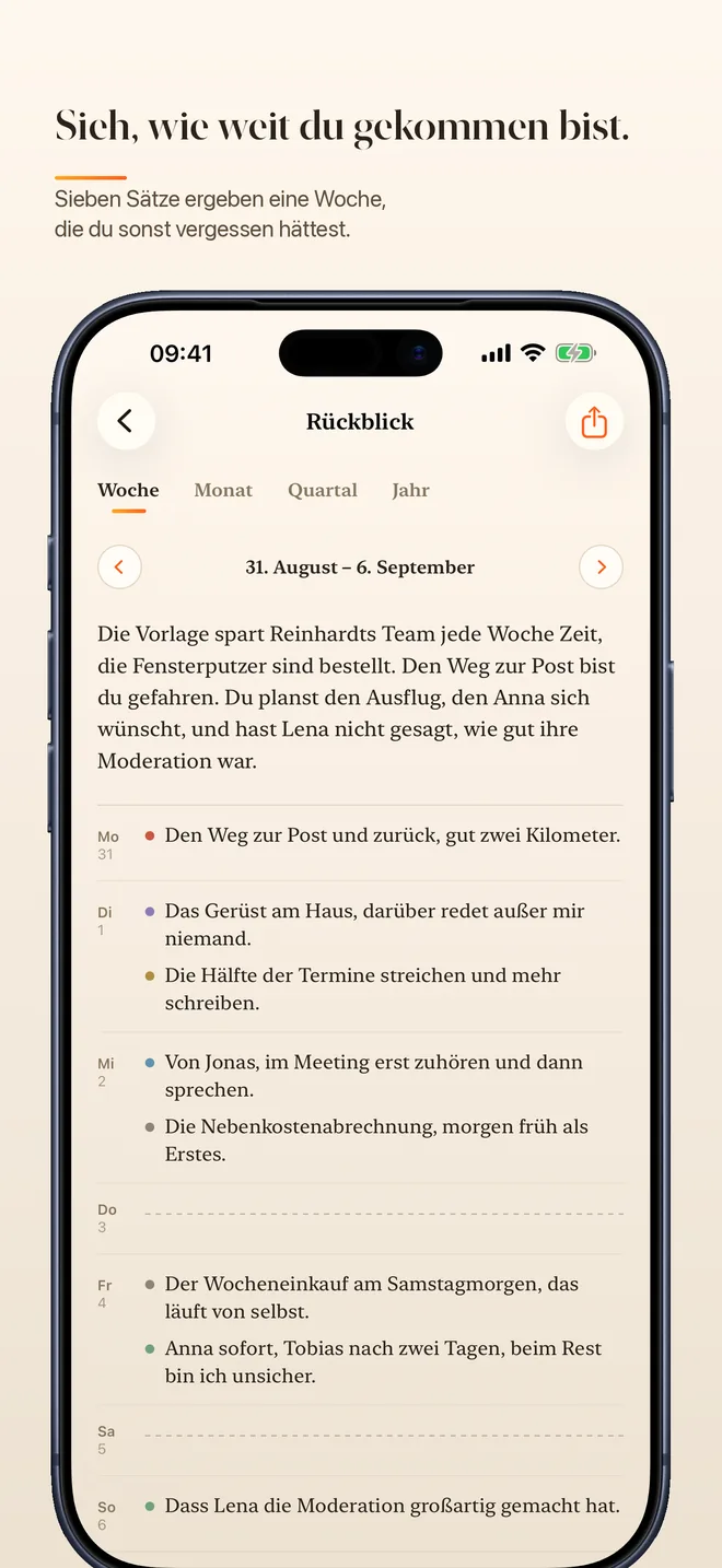 Sieh, wie weit du gekommen bist – Sieben Sätze ergeben eine Woche, die du sonst vergessen hättest