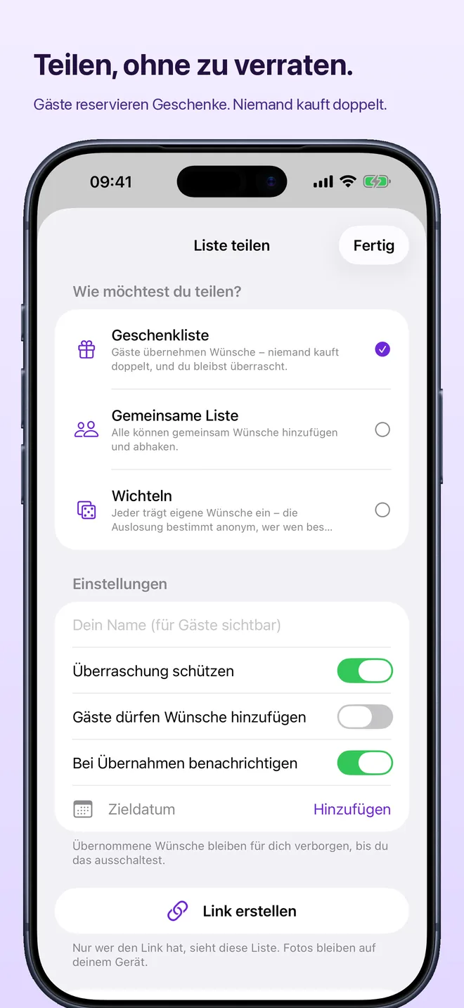 Teilen, ohne zu verraten – Gäste reservieren Geschenke. Niemand kauft doppelt