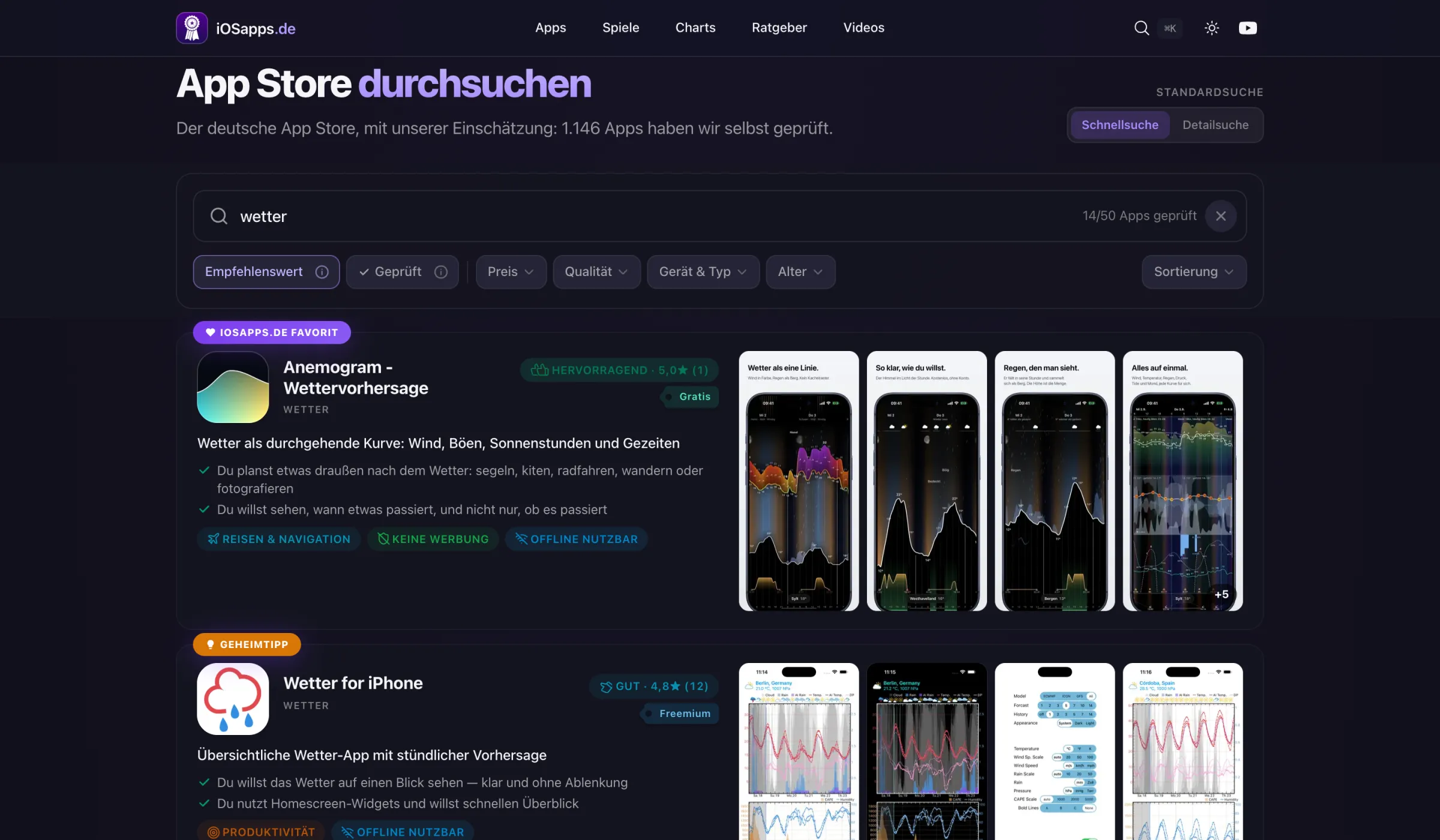 Detailsuche für „wetter“ auf dem Desktop: Filterleiste, Karten mit Einstufung, Preis, Kurzbeschreibung und vier Screenshots je App