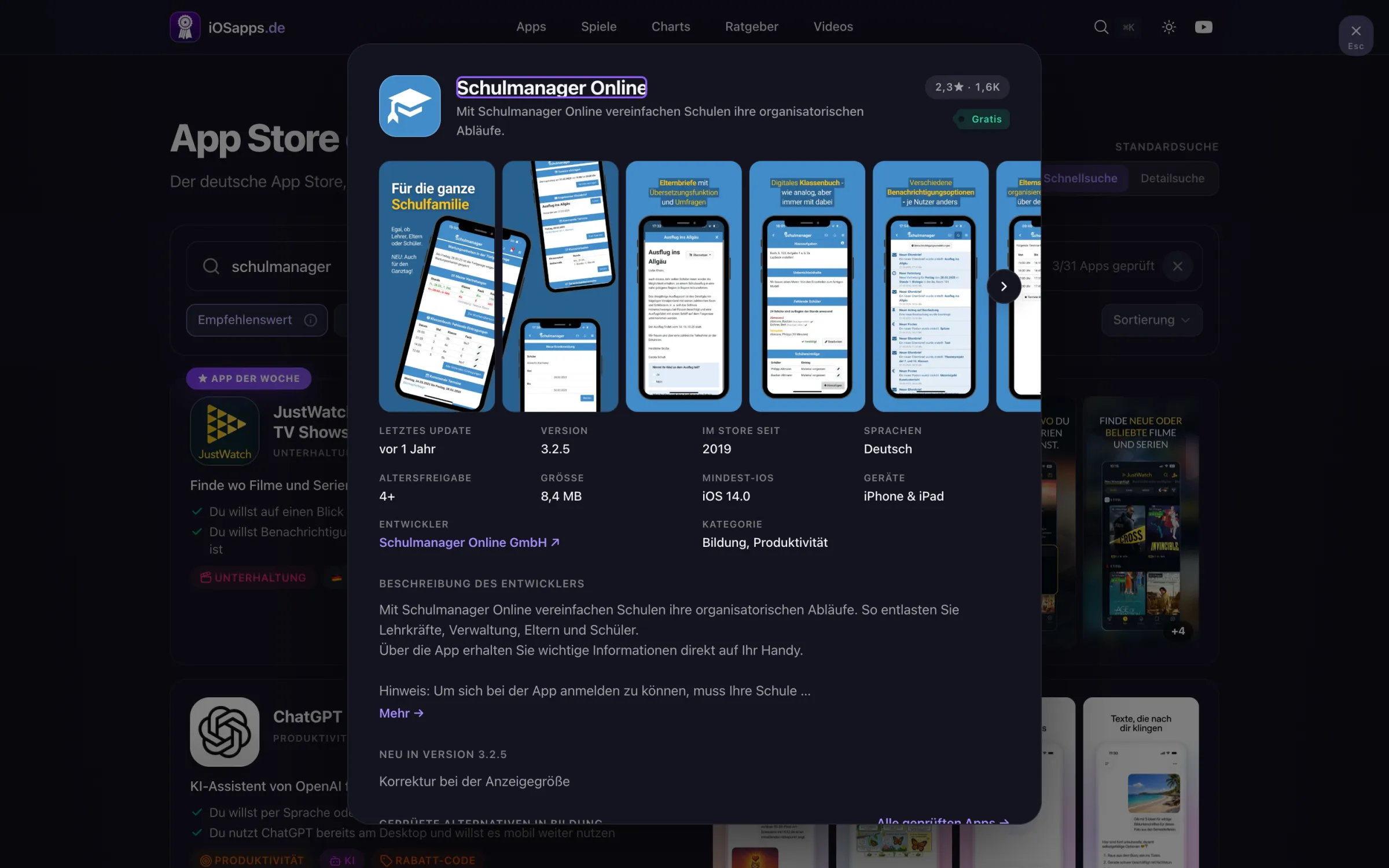 Karte einer ungeprüften App: Screenshots, letztes Update, Version, Größe, Altersfreigabe, Sprachen, Entwickler, Kategorie und Beschreibung auf einen Blick