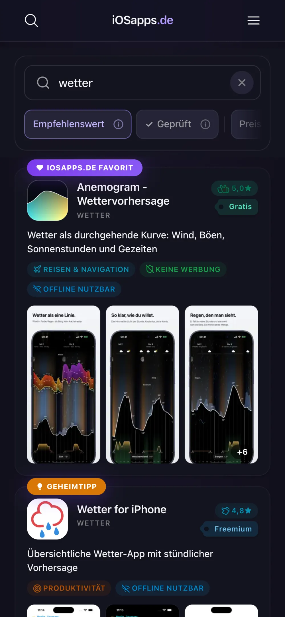 Detailsuche auf dem iPhone: Suchfeld, Filterleiste und die Karte einer geprüften App mit drei Screenshots