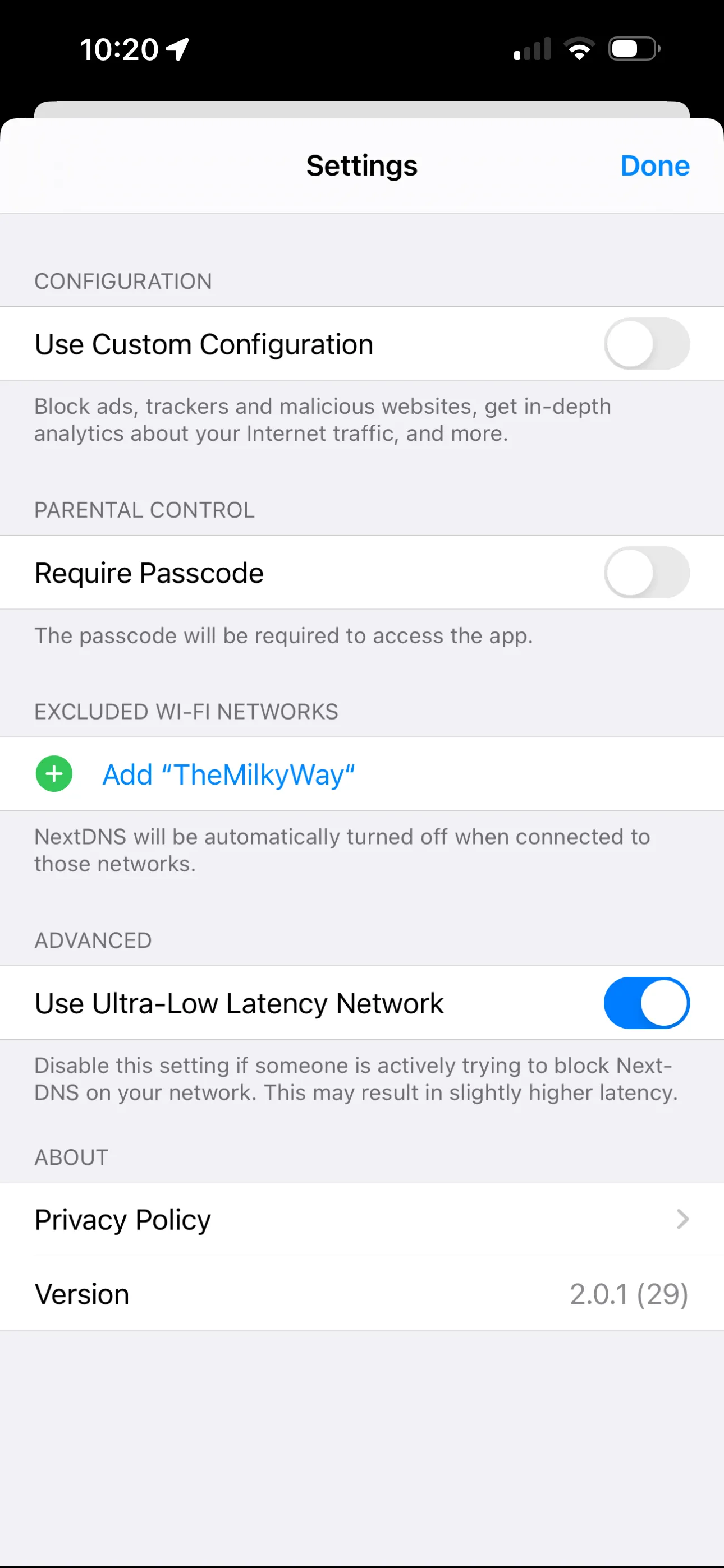 NextDNS App – Einstellungen mit Konfigurationsoptionen