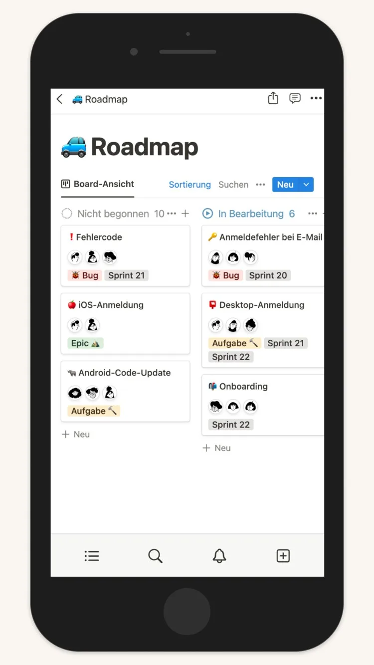 Notion – Startseite mit Seiten, Datenbanken und Schnellzugriff auf dem iPhone.