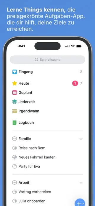Things 3 Hauptansicht – Aufgaben in Bereiche und Projekte gegliedert.