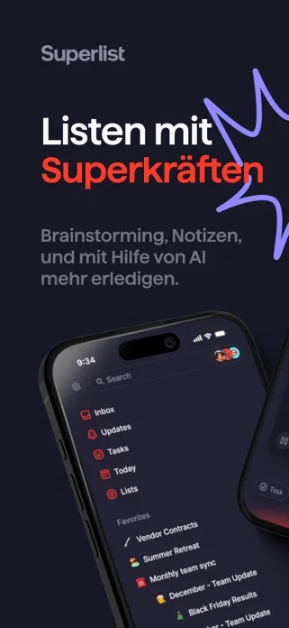 Superlist Hauptansicht – persönliche Aufgaben und Team-Projekte in einer gemeinsamen Oberfläche.